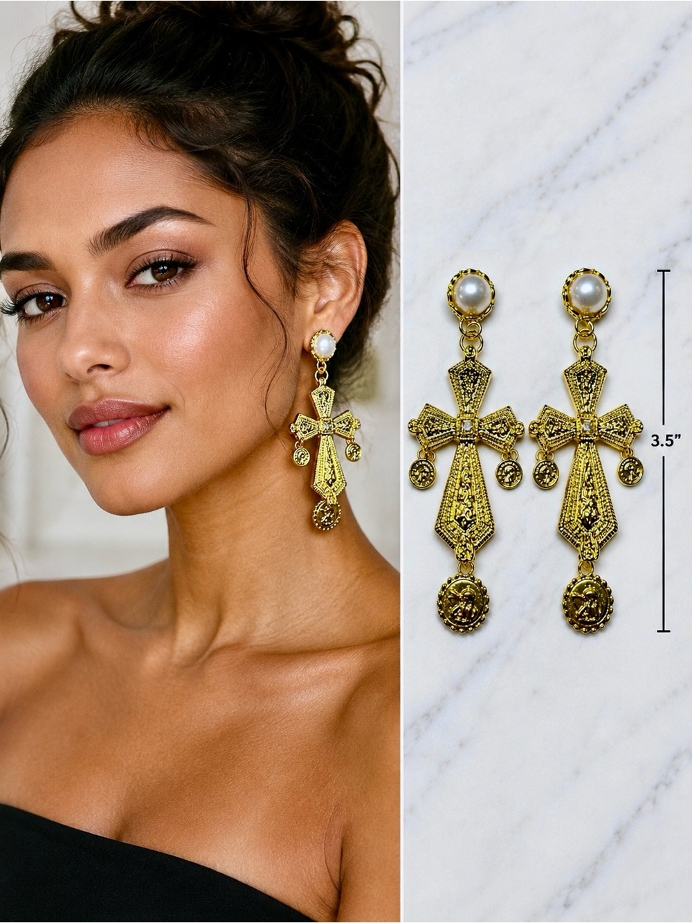 Vintage Palace Style Pearl Cross Drop Earrings – Gold Tone Statement Earrings - Picture 6 of 6